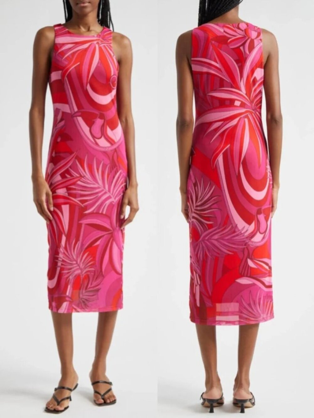 Farm Rio Endless Summer Dress Midi Tulle Round Neck Sleeveless Red New Size XS